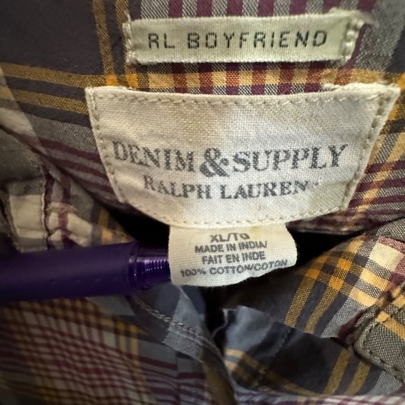 Denim & Supply Ralph Lauren size XL boyfriend tan plaid button front top - Picture 3 of 5